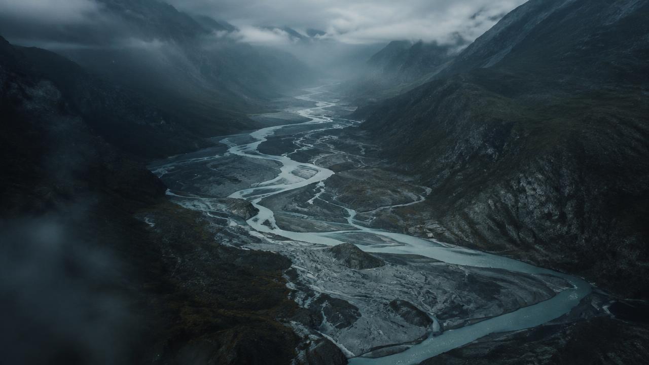 Glacial river braiding through a stone valley